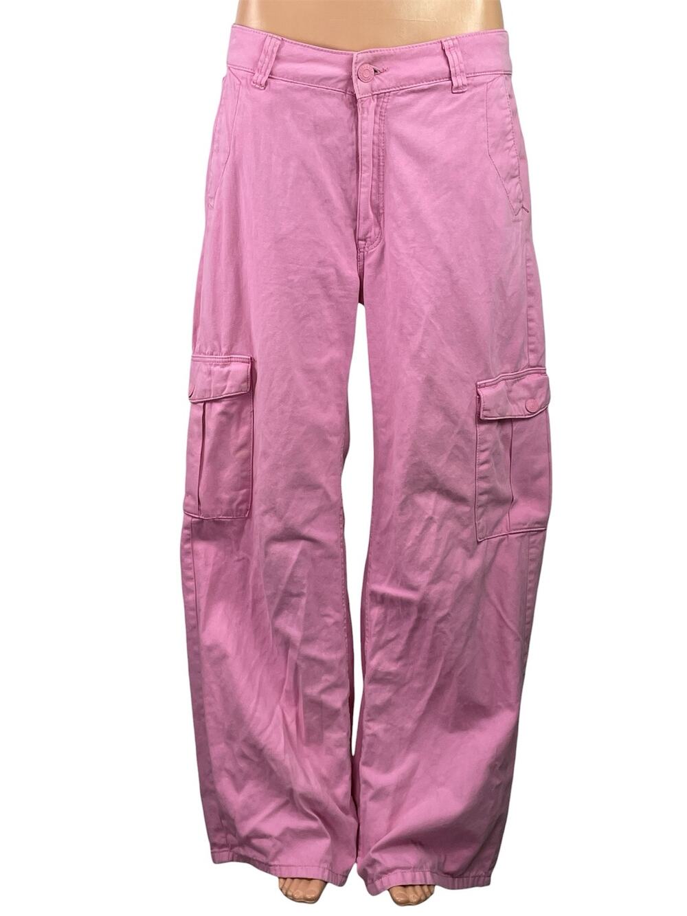 Pull & Bear Womens Pink High Waist Wide Leg Baggy Trousers Cargo Jeans Pants 12
